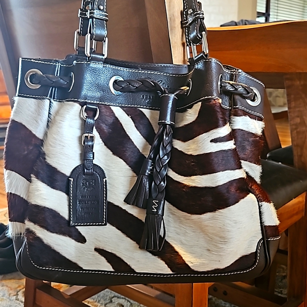 Dooney and Bourke Boldrini Brown White Pony Hair Drawstring Handbag
